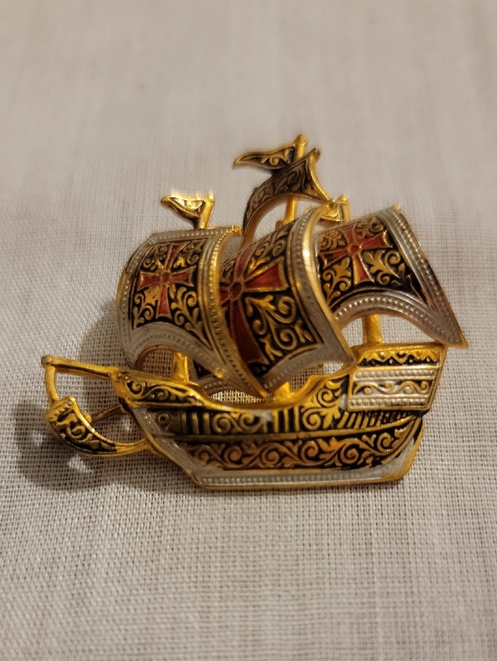 Vintage Damascene Galleon Sailing Ship Brooch Pin Signed SPAIN